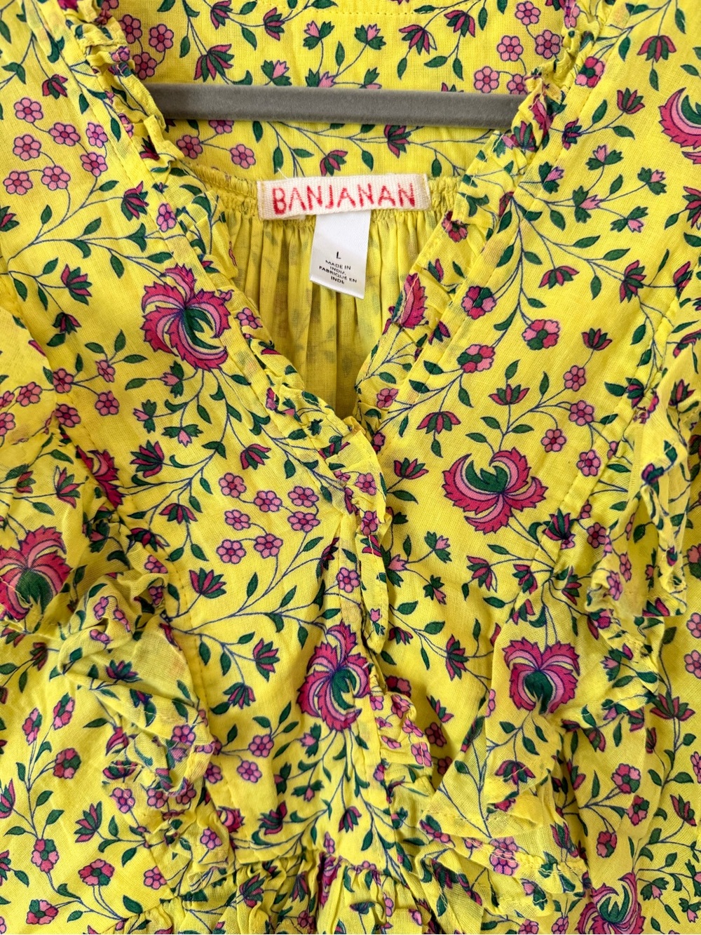 Banjanan Yellow Floral Maxi Dress with Ruffle V-Neck 100% COTTON - Picture 7 of 7